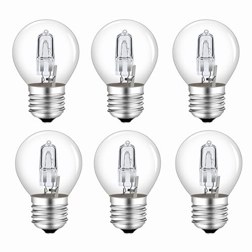 Pack de 6 Bombillas Halógenas E27 42W AC 230V, Blanco Cálido 2700K 613LM, Bombilla Halogena Regulable Transparente Golf G45 E27 para Lámparas de techo, Lámparas de Pared, Lámparas de Mesa
