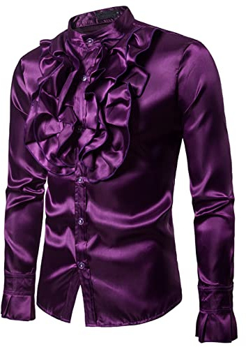 Chemise à volants en satin à manches longues pour homme, col montant, couleur unie, coupe ajustée, décontractée, violet, M