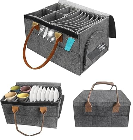 Tefola Soporte para platos de fieltro para vajilla, contenedores de almacenamiento de cristalería, bolsa de fieltro de almacenamiento de vajilla de camping con portavasos, almacenamiento y protección