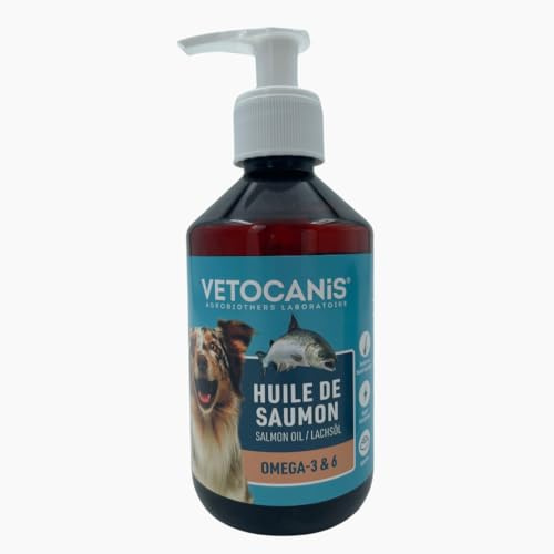 Vetocanis Olio di salmone per cani e gatti | Alimento supplementare per cani e gatti | a base di Omega 3 e 6 | Igiene e salute del cane e gatto | 250 ml