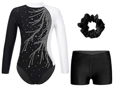 Oyolan Kinder Mädchen Turnanzug Glitzer Gymnastikanzug Langarm Leotard Trikotanzug Tanzbody mit Shorts Wettbewerb Tanzkostüm Weiß schwarz 146-152