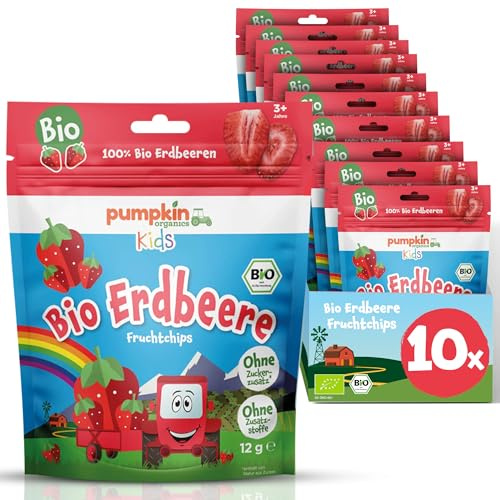 Pumpkin Organics gefriergetrocknete Bio Erdbeere Fruchtchips (10er Pack) aus 100% Bio Zutaten - Kindersnack (3+ Jahre) ohne Zuckerzusatz¹ und im praktischen wiederverschließbaren Beutel (10x12g)