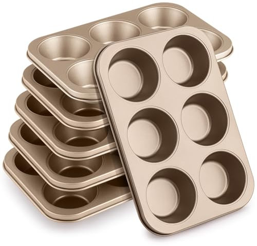 Blushtier 6 Pcs Jumbo Nonstick Muffin Baking Pan Gold Muffin Tins 6 Cup Heavy Duty Cupcake Tin Gold Carbon Steel Cup Cake Tray for Baking Cupcakes, Dishwasher Safe Small Muffins Tarts
