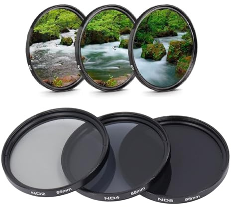 3 Stück ND2 ND4 ND8 Objektiv Filter, HD-Filter für Mehr Schicht Ige Beschichtung Neutrale Dichte mit Linsen Beutel, Fotografie-Filters Atz für Kamera Objektiv (55 mm)