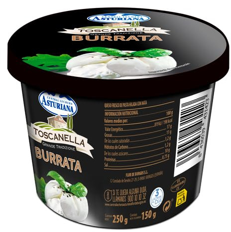 Queso Burrata Toscanella Central Lechera Asturiana 250g – Fresco y Cremoso, Perfecto para Ensaladas y Platos Gourmet (PRODUCTO REFRIGERADO) (2 BOTES DE 150 GR.)