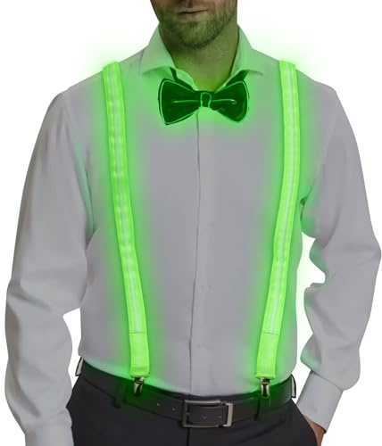 CPROSP 2 Pezzi/set Bretelle Luminose LED, Regolabili Neon Pantaloni Bretelle Verde, Cravatte Luminose, 3 Modalità Flash, Perfectos Para Festivales de música, Halloween, Fiestas de Disfraces, Bar