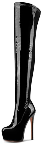 NobleOnly Femmes Haut High Aiguille Talon Heel Rond Bout Plate-forme au-dessus du Genou Bottes Fermeture à Glissière Danse Party Bottes 15 CM Heels Noir 43 EU