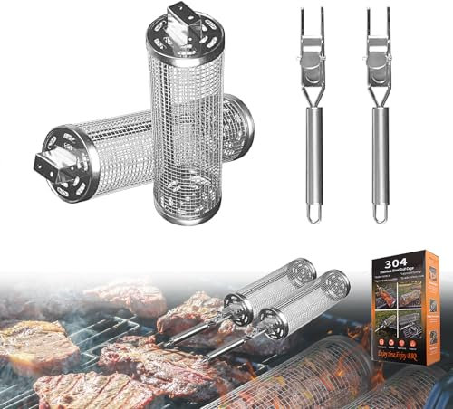 BigKing 2 Pièces Panier à Griller Roulant, Accessoires De Barbecue, Amovible Paniers à Griller Cylindriques Avec Poignée Amovible Pour Griller En Plein Air, Griller Des Légumes