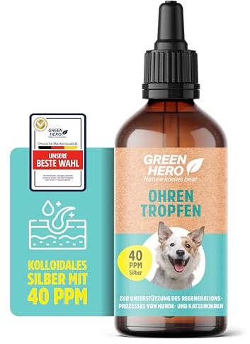 Green Hero Ohrentropfen 100 ml mit ionisch & kolloidalem Silber 99,99% 40 PPM für Hunde,Katzen & Kleintiere | Pflegende Ohrtropfen zur Regeneration bei Entzündungen, Infektionen & Juckreiz