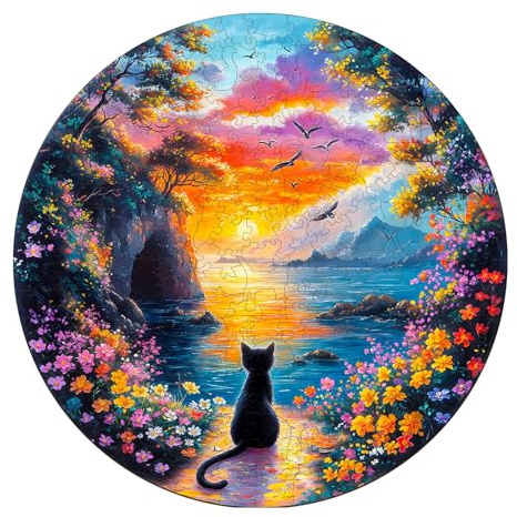 Holzpuzzle Erwachsene, Kätzchen im Sonnenuntergang Holzpuzzle, Unregelmäßige Einzigartige Form Puzzleteile, Geschenkverpackung, Geburtstagsgeschenk für Erwachsene und Kinder(L-34 * 34cm-300 Stück)