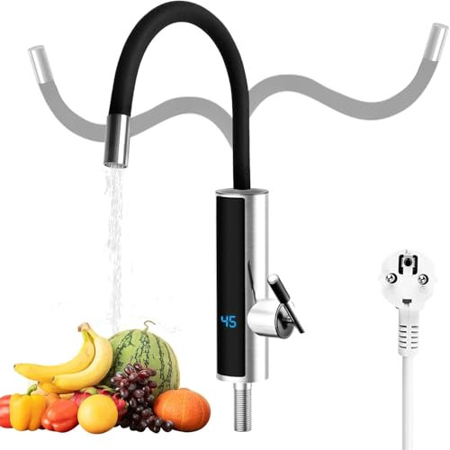 Wasserhahn mit Durchlauferhitzer Küche, 230V 3000W Sofortiger Warm Elektrischer Wasserhahn mit LED Temperaturanzeige und Flexibler Auslauf, 360º Drehung, für Küche, Bad, Wohnwagen, Schwarz