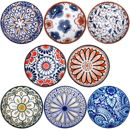 HAPLOVE Porcelain Tapas Bowls Set of 8, 10cm (4), Small Ceramic Dipping Bowls, Snack Bowls for Sushi, Sauce, Bohemian Style, Microwave & Dishwasher Safe, Perfect for Appetizers (8, 8 Style-A)
