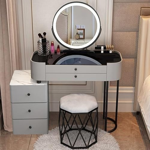 Tavolino da toilette, tavolino di vanità con specchio a luce LED e sgabello, tavolino da trucco moderno / 5 cassetti per la camera da letto, scrivania per il trucco, cassettiera per le ragazze e le do