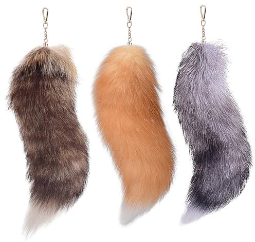 3 Stücke Therian Tail, 15,8 Zoll langes Therian Fuchsschwanz mit Verschluss, Halloween weiche Flauschige Fuchsschwanzschlüsselkette, Hängende Fuchsschwänze für Frauen Erwachsene Handtasche Rucks