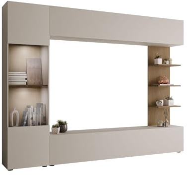 Mirjan24 Wohnwand Lazando, 4-teilig, weißer LED (Cashmere/Cremona Eiche) | Anbauwand mit Hängeschrank, Vitrine, TV-Lowboard und Wandregal, 7 Fächern und grifflosen Fronten, B/H/T: 250/187/30 cm