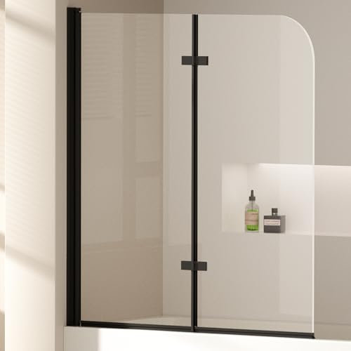 EMKE Paroi de douche pour baignoire 120x140 cm, Cadre Noir,pare-baignoire pliant 2 parties, paroi de baignoire en verre de sécurité 6 mm, séparation de douche pour baignoire,Facile à Nettoyer