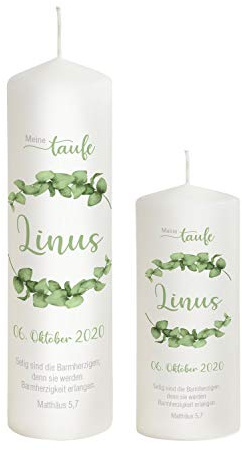 Liamoria® Taufkerze für Jungen und Mädchen mit Name und Datum grüne Blätter 25 cm - Modell Linus - Wunderschöne Taufdekoration (mit 1 Patenkerze)