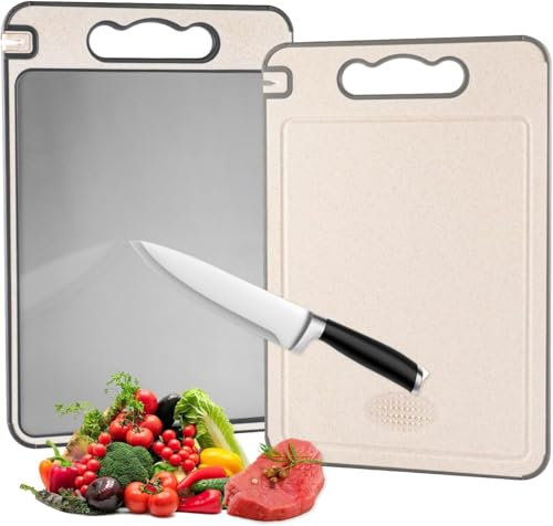 Shirokai Multi-Functional Double-Sided Cutting Board | Premium SUS 304 Stainless Steel & Eco-Friendly Wheat Straw | BPA-Free, Non-Slip, Garlic Grinder, Juice Groove (Stainless Steel)
