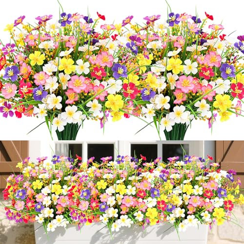 MOTONG Artificial Flowers Outdoor,8 Bundles of 6 Color UV Resistant Artificial Plants Outdoor Plastic Flowers for Outdoors Faux Daisy Fake Flowers for Home Decoration Indoor Garden Office