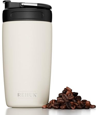 REHUK Travel Mug | 100% Leakproof Stainless Steel Thermal Mug with Carry Handle for Hot & Cold Drinks | Vacuum Thermos Flask | BPA Free Lockable Lid | 450ml (Ivory Beige)
