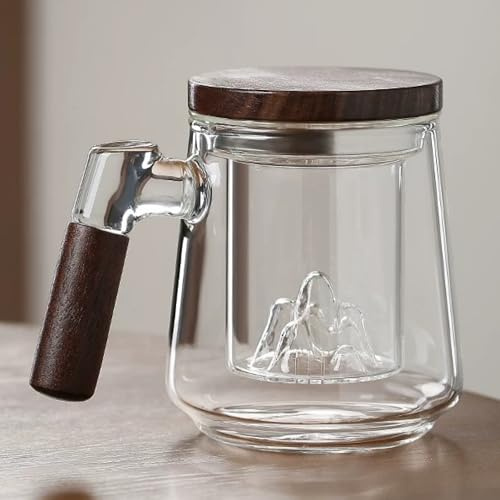 JanYoo 500ml Glass Tea Cup with Infuser and Lid, Infuser Mug with Wood Handle, Steeping Mug Loose Leaf Tea Mugs Large Strainer Cups at Home and Office (Clear)