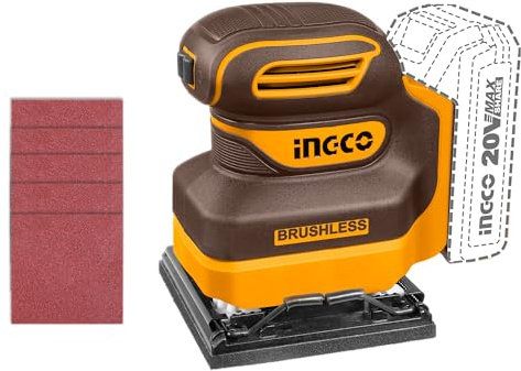 INGCO 20V Cordless 1/4 Sheet Sander (Body Only), Brushless Motor, Electric Sheet Finishing Sander 12000RPM, Quarter Sheet Palm Sanders CSHSLI2024