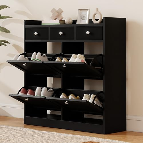 TAUS Schuhschrank Schmal mit 4 Klappen Platzsparender Schuhkipper Hoch Kommode Schuhregal geschlossen Flurschrank für Diele, Flur 100x25x99.5cm Schwarz