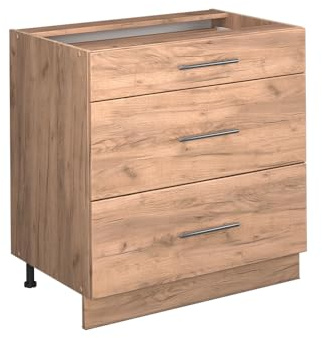 Vicco Küchenunterschrank Fame-Line, Goldkraft Eiche, 80 cm | 3 Schubladen · Ohne Arbeitsplatte · Höhenverstellbare Füße · Metallgriffe · Metall-Vollauszüge