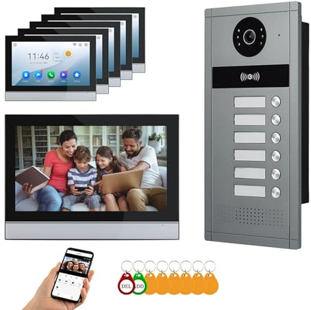 Sistema di videocitofono cablato per appartamenti, 6/12/18/24 unità, touch screen da 7 pollici,1080P, kit videocitofono intelligente con rilevamento di movimento, allarme antimanomissione (6 Monitor)