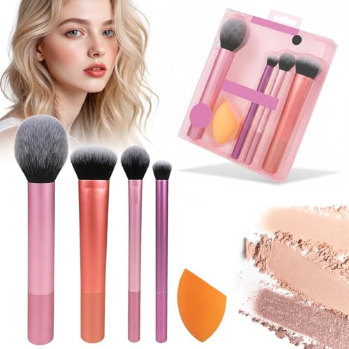 Set Brochas Maquillaje Profesional 5 Piezas,4 Brochas para Base,Polvos, Colorete y Sombras + Esponja Beauty Blender,Kit Maquillaje Mujer,Vegano,Portátil,Ideal para Regalo y Viaje