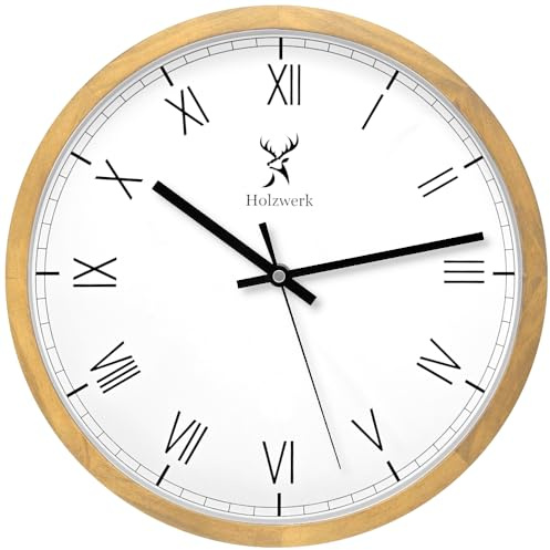 Holzwerk Germany Orologio da parete in legno naturale, stile vintage, silenzioso, senza ticchettio, numeri romani, marrone, bianco, silenzioso, in legno massello naturale, 30 cm (faggio romano)