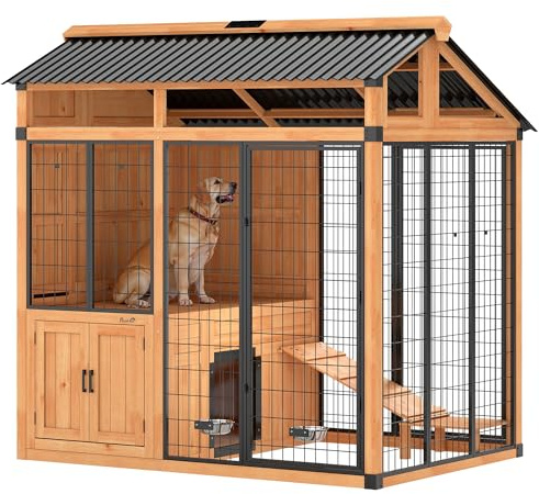 PawHut 7' x 5' Extra Large Outdoor Dog Kennel, Walk-in Wood Dog House with External Storage Cabinet, Platform, Stairs, Pet Shelter with Waterproof Roof, Stainless Steel Bowls for Large Breeds, Yellow