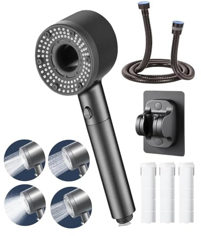 Powerful High Pressure Shower Head, Handheld with Filter for Hard Water, 4 Spray Modes with Pause Button, Includes 1.5m Hose and Adjustable Holder, Ideal for Shower, Tub & Pet Cleaning-Light Grey