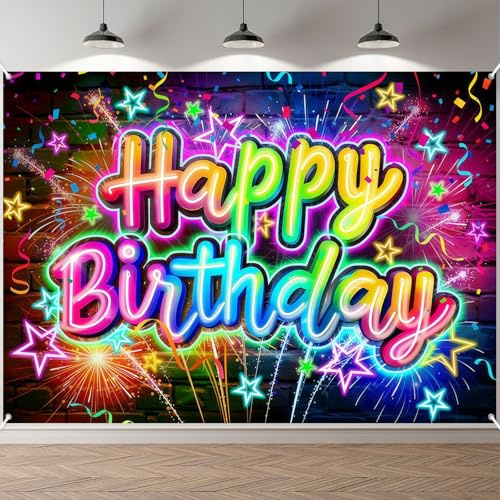 ANOMM Striscione di Compleanno Fluorescente, Decorazioni di Compleanno Colorate e Fluorescenti, Decorazione per Interni ed Esterni, Decorazione Extra Grande per Uomini e Donne (210 x 150 cm)