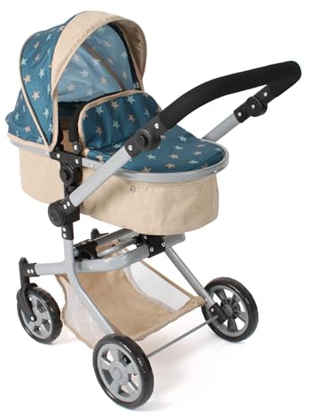 Bayer Chic 2000® Poussette pour poupée Mika 2 en 1 - Étoiles Beige-Turquoise - Pliable - Poignée réglable en Hauteur 47-80 cm - Cadre Moderne - Poupées jusqu'à 52 cm - 4-8 Ans