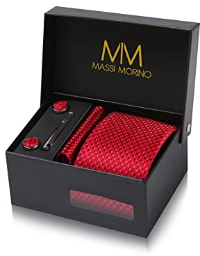 Massi Morino Corbata Rojo Cuadrado con Pañuelo | Set de Corbata para Hombre incl. Gemelos, Pasador y Caja de Regalo | Accesorios ideal para Bodas