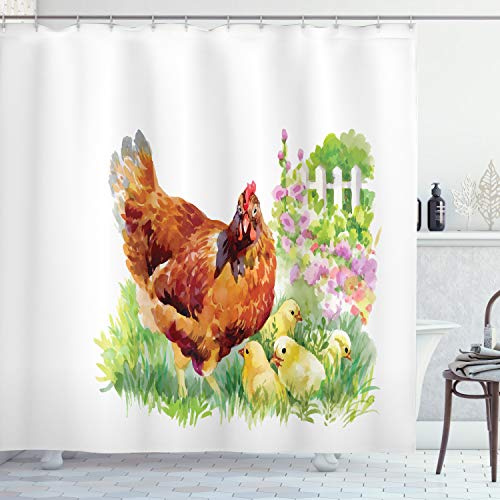Lunarable Chicken Shower Curtain, Aquerelle Hen and Her Chicks on a Garden with White Fences and Pale Pink Flowers, Cloth Fabric Bathroom Decor Set with Hooks, 69 W x 75 L, Multicolor