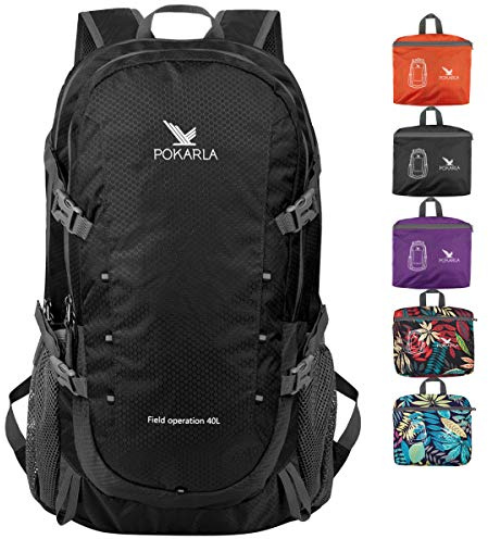 POKARLA 40L Foldable Rucksack Travel Hiking Daypack Durable Lightweight Walking Camping Folding Sports Outdoor Backpack Water Resistant Ultra Packable Carry On Bag Unisex Black