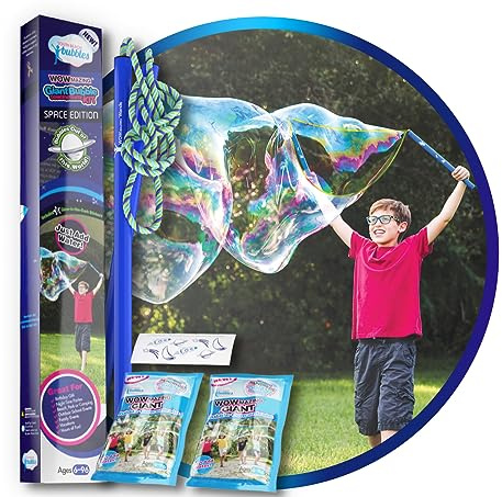 WOWMAZING Seifenblasen Groß Set - Raum - Inkl. Stab & 2 Nachfüllpacks & 8 Leuchten im Dunkeln Aufkleber - Riesen Seifenblasen Kinder - Sommer Aktivitäten