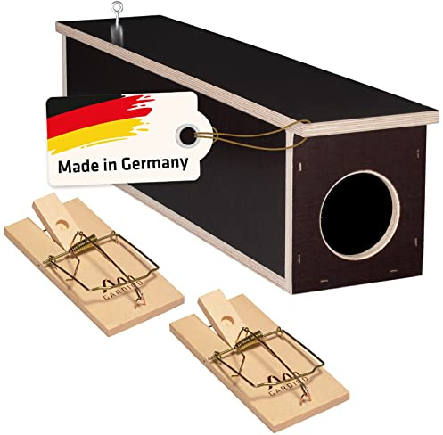 Gardigo Poste Station d'Appâtage en Bois, Boîte d'Appât pour Mettre Poison ou Piège à Rats, avec 2 Pièges à Rats, 50 x 10,5 x 14,5 cm, Made in Germany