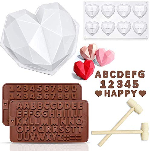 Stampi per torta in silicone a forma di cuore con diamante a 6 pezzi, stampi per cioccolato con lettere e numeri in silicone con martelli di legno, per cucina domestica Strumenti di cottura fai-da-te