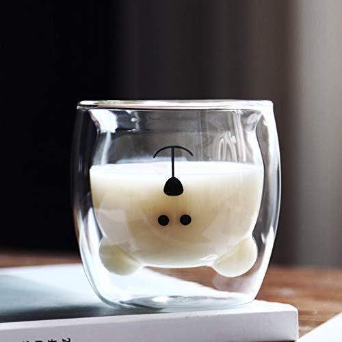 Tasse Verre Double Paroi 250 ML Tasse à Café en Verre Petit Ours Motif Tasse à Lait Gobelet Borosilicate Résistant Chaud et Froid Coupe Verre pour Thé Lattes Cappuccino Espresso Bière