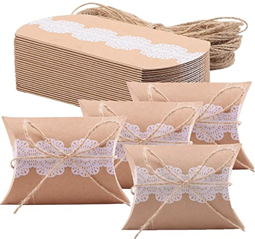 Cajas de Papel Kraft para Regalo, 50 Pcs Caja de Dulces para Boda, Cajas Almohada Caramelo, Cajas de Almohadas Favor Boda, Cajas de Regalo de Encaje con Cuerda para Navidad, Boda, Cumpleaños, Fiesta