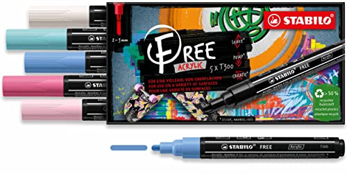 STABILO - Acrylmarker - FREE Acrylic - T300 Rundspitze 2-3mm - Candy - 5er Pack - mit 5 verschiedenen Farben