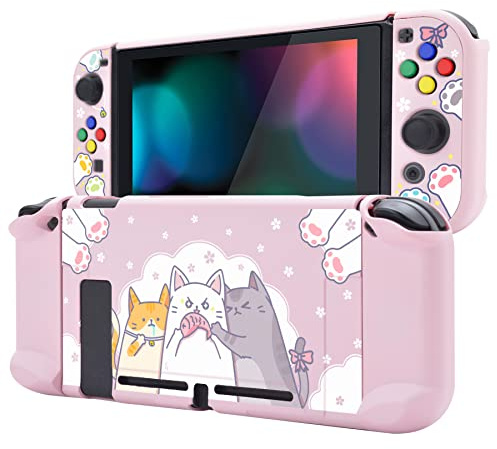 PlayVital Hülle Kompatibel mit Nintendo Switch Joy Con Konsole, Case Harte Schutzhülle Zubehör trennbare andockbare Hülle für Nintendo Switch(DREI Katzen)