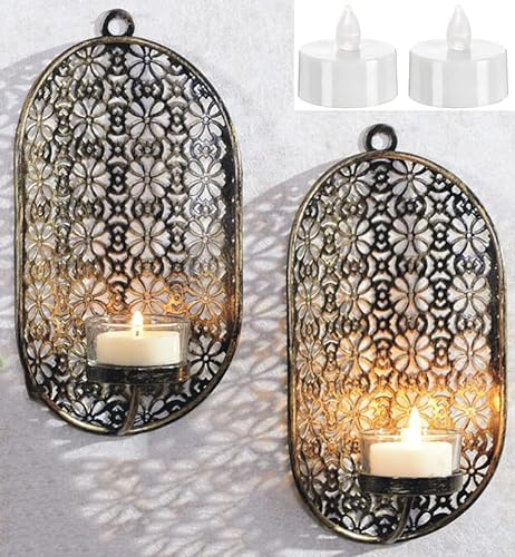 Novaliv 2X Wandkerzenhalter + 2X LED Teelichter 6 x 10 x 19 cm Gold LED Kerze Teelichterhalter aus Metall mit Glas Kerzenhalter Dekoration Wanddeko Vintage Deko Teelicht LED Licht Wandhalter