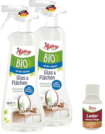 Poliboy Bio glasrengöring och ytrengörare – för en glänsande och randfri rengöring av spegelliknande ytor – vegansk – sprayflaska – 2-pack – 2 x 500 ml (1 l) – Made in Germany