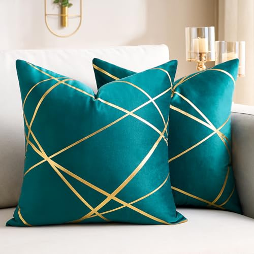 50x50 cm Groß Samt Kissenbezug 2er Set Dekokissen Grün/Gold Linie Geometrie