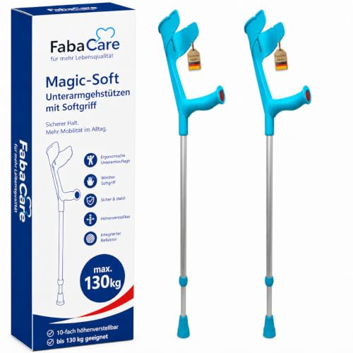 FabaCare Krücke mit Softgriff Magic-Soft, 2 Stück Unterarmgehstützen mit Softgrip, Gehhilfe höhenverstellbar, leichte Gehstütze, Unterarmkrücke bis 130 kg, Türkisblau