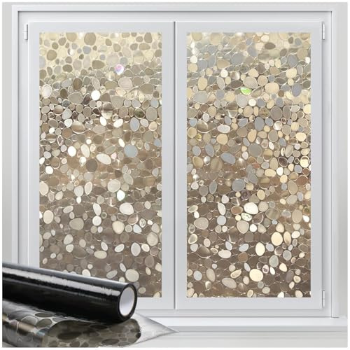 rabbitgoo Window Privacy Film, Decorative Rainbow Window Clings for Glass Covering, Static Cling Non Adhesive Door Stickers, Stained Glass Vinyl Decal, 3D Pebble, Brown-Taupe, 17.5 x 78.7 inches